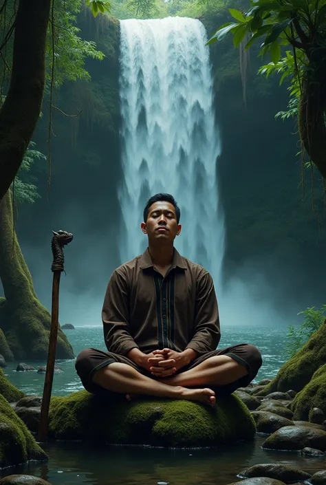 Create a picture of 1 man aged 28 ,Indonesian origin wears a brown shirt and a black brown stripe pattern customary in Javanese jogjakarta ,eyes closed, head down, sitting cross-legged on a rock under the waterfall, around which there are trees and green m...