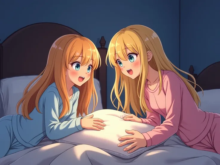 Teen girls at sleepover wearing cute pajamas having a pillow fight.  Night time setting. High Resolution, Masterpiece, Anatomically Correct, Super Detailed, Long Hair, Blonde Hair, Smile, Blue eyes, Happy, 