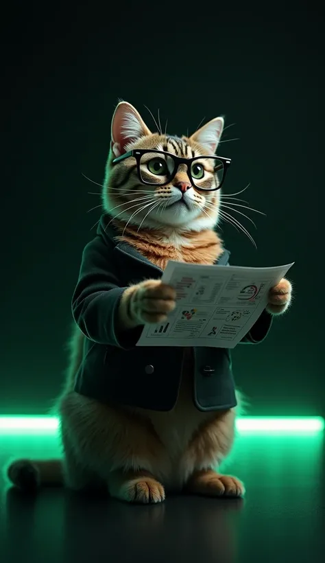 A cat wearing black extra oversized glasses, confidently holding a strategy map like a business analyst, standing against a solid black background with subtle green neon lighting accents.