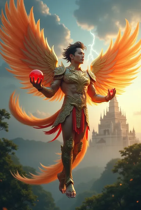 Full body wide shot, Phoenix Man has a face of a Thai man, very handsome, hairstyle inspired by the head of a phoenix, flying across the magical forest, He has 5 fingers inspired by the 5 eagles claws (holding a red glowing crystal ball) He has 5 toes insp...