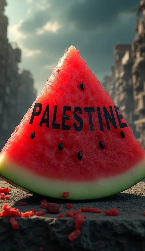 An AI generated Image of slice of watermelon 🍉 with the Word "Palestine" in bold letters background should be catastrophic like 