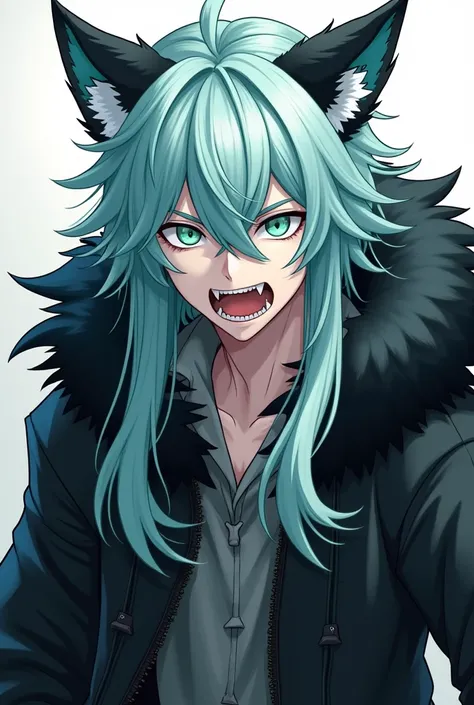 man, Wolf boy anime,   long light blue hair , mint green eyes ,   white skin  .   black coat ,  showing its fangs 