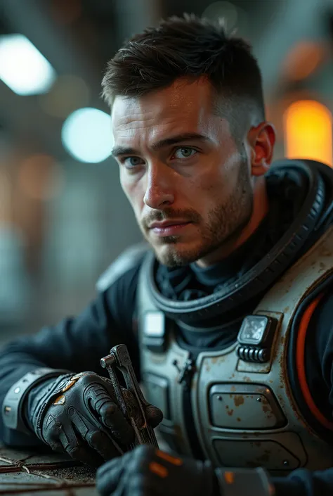 masterpiece, spaceship mechanic with futuristic tool in his hands. Hands and face dirty from oil. Wearing futuristic space suit. Background bokeh spaceship interior. Buzzcut darkhair. He is 35 years old. 