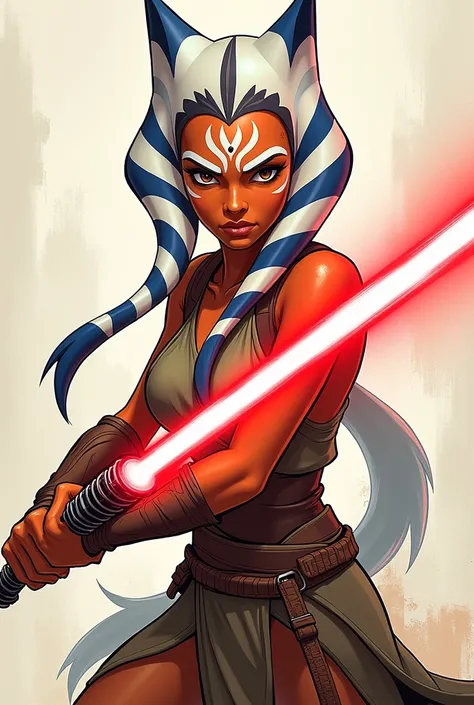 Star Wars, Ashoka, Big clevage,, red lieghtsaber, 2d art style, sketch style 