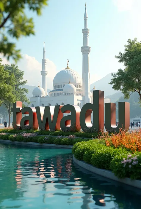 3D writing.  Big cool in the style of a city square Color white,written : "Tawadu".  On the side of a busy city street and clean river,after the rain,in decorate plants in beautiful color,beautiful grass,against a green beautiful landscape,and beautiful wh...