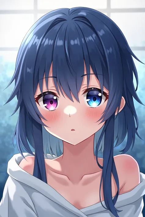 the best masterpiece:1.5)0.9], ( anime girl:1.2) ( Loose silver hair:1.1) (Heterochromia: xanthochromia and blue:1.0) (Colored stars in the eyes:1.0) (Shining light:1.1) (full lips:0.9) Girl in a towel with dark blue hair 