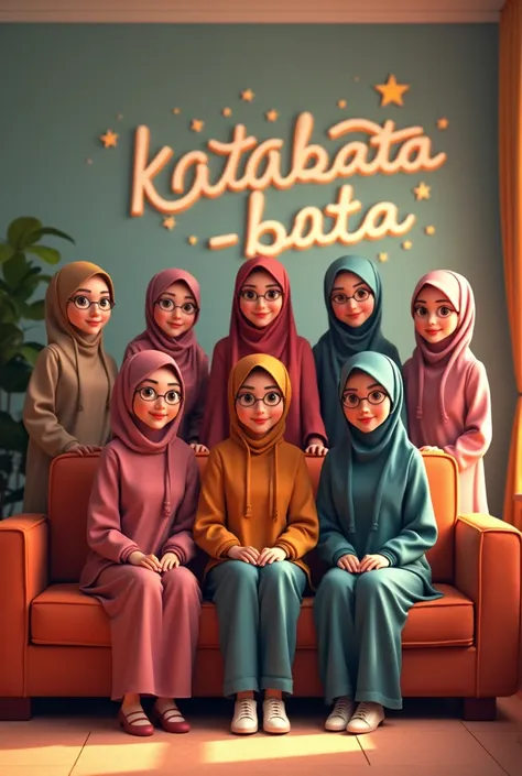 four cute women (wearing hijab, casual fasion) standing behind sofa, three cute women (wearing hijab, casual fashion) sitting on a sofa, a cute long hair woman (wearing jacket) stand aside a sofa, living room as background, stars blinking all around, a big...