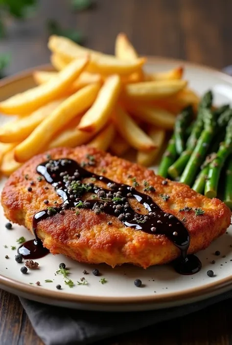 generate image of fried chicken chop with fries served with blackpepper sauce on top of the chicken and sauteed asparagus