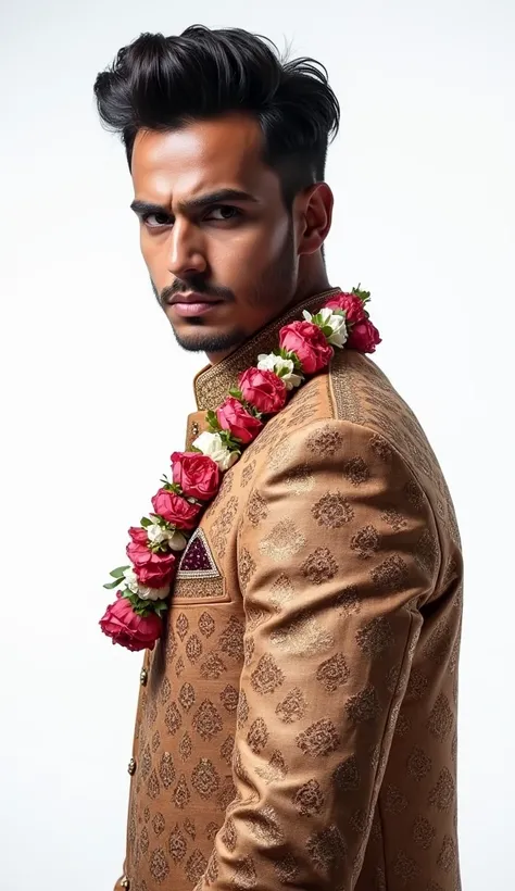 create a side pose of very young, fair & handsome dulha in modern style sherwani & garland in his neck looking towards camera , with angry expression , white background