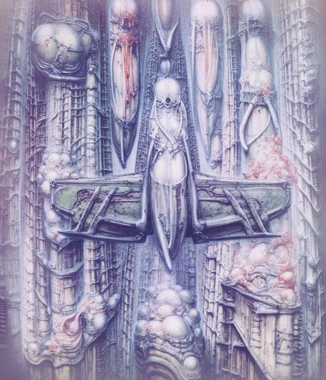 gigerart, a piece of art by HR Giger. Create biomechanical tableau in h r gigers style. It is called /“ biomechanical landscape no 312 /”  by H. R. Giger  Can you please draw a pencil sketch on antique plot that depicts curse of Solomea in unmaskable Giger...