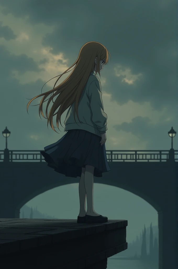 An adult anime girl with gold brown hair who is standing at the edge of the bridge, with sad face, trying to killing herself 