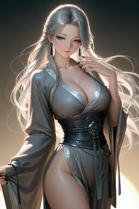 seductive_smile, grey hair ,grey hanfu, large breasts, long hair, masterpiece, best quality, realistic, 8k, official art, cinematic light, ultra high res, perfect female body, sharp focus, guofeng, 1girl, solo, chinese clothes, realistic, nail polish, stan...