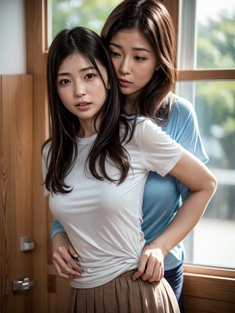 (2 woman),(35 years old japanese woman and 20 years old japanese woman),(35 years old Japanese woman is a mature woman),[35 years old woman:(afraid face:1.3),(embarrassed, blush ), (ecstasy),(realistic skin)], (wearing White knit t -shirt),(wearing black l...