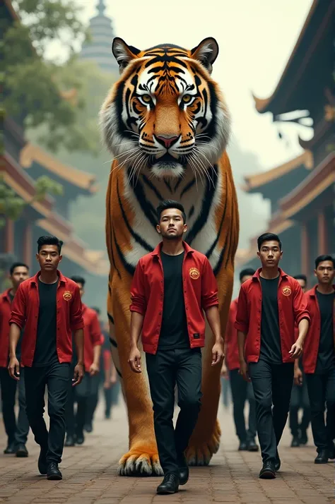 Men in black t-shirts and red jackets walk in Majapahit kingdom in command of a tall tiger