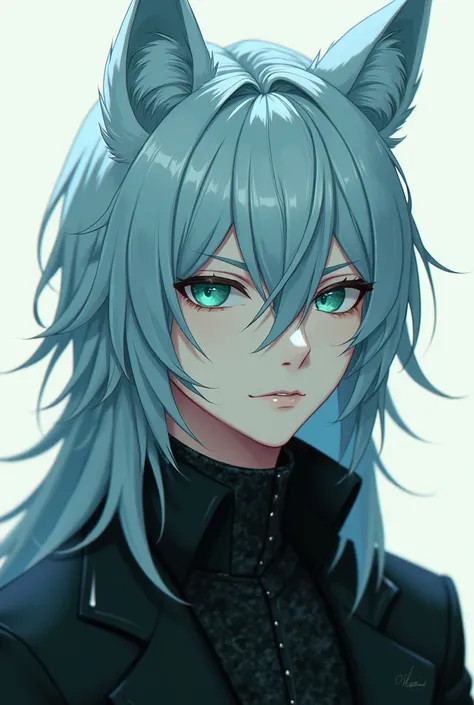 man, Wolf boy anime,   long light blue hair , mint green eyes ,   white skin  .   black coat , Serious, without expression 