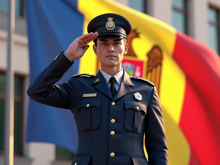 a policeman giving the salute against the background of the flag of the Republic of Moldova