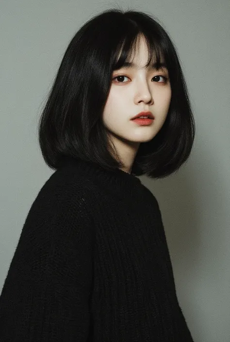  black hair　Beauty　Fair skin　With bangs　 bob hair　Dog face　Curly Hair　Black knit　Droopy eyes　round face　denim　Red Lip
