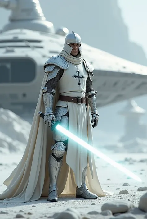 Knight Templar with a white Jedi sabre in front of a ship