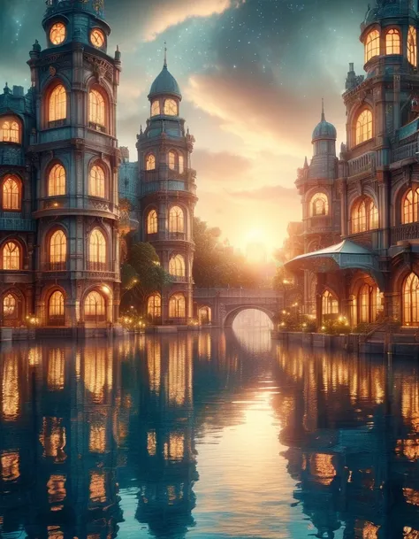 A detailed, dreamy, fantasy landscape of a Victorian era port city, with a clock tower and river under a magnificent sunset sky full of glittering stars, digital art in the style of Camille Boisboulduc, Brian Thomas, and Edward Beard, a beautiful, baroque,...