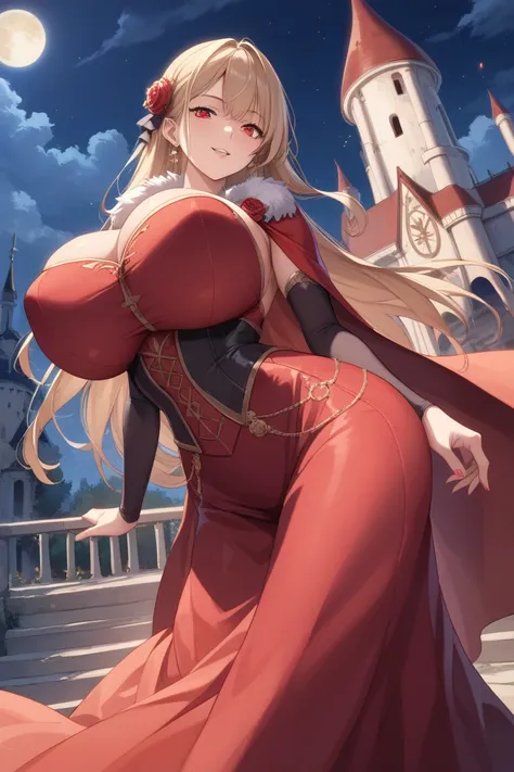 ((((masterpiece)))), ((((Best Quality)))), anime coloring ,High resolution,dark,night,Abandoned castle,whole body,fine grain,Detailed face,vampire,red,Red Cape,Red dress,Red long skirt,Curvy,action、so beautiful、Beautiful Skin、Beautiful and detailed eyes、Hu...