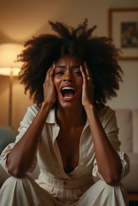 Generate an image of a dark black beautiful lady with her hands on her head with a shocked and dramatic face and mouth open in a beige living toom