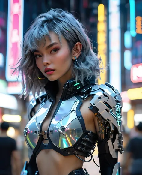 ((of the highest quality)), ((​master piece)), (detail:1.4), (((Translucent with numbered mechanical parts and transparent skin++Aurora Material++、++Gray carbon material++Beautiful women in cyberpunk made of))), Glowing pale with LEDs, ((Wide open chest)),...