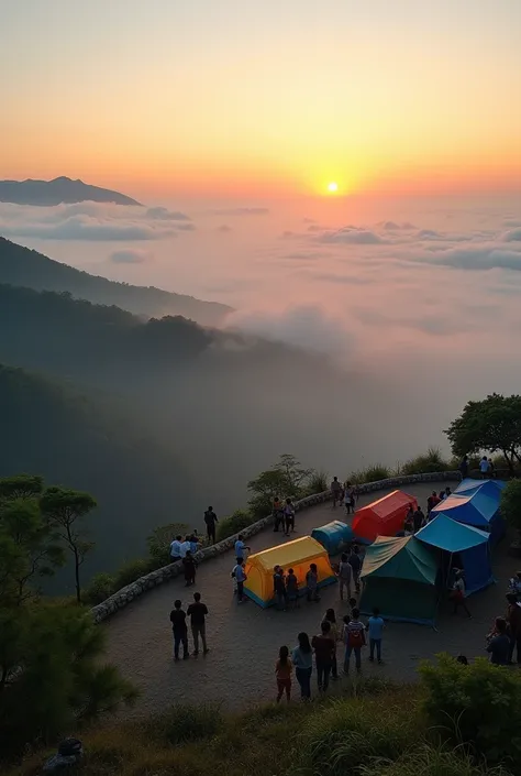 Realistic photos of maximum resolution small resort lined with high mountains of locals on the top of Doi, Thailand. Beautiful view of sea, fog, dew, thick fog, air -3 tourists watching the sunrise, various tents, parking lot, family atmosphere, cheerful f...