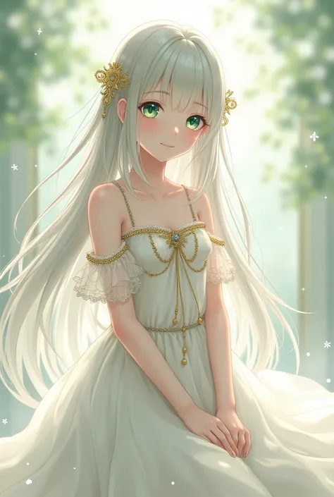 A 14-year old girl with long silver white-dyed hair,green emerald eyes,pale skin and wearing a white dress with golden details. Shes short and pure,with a very adorable smile. Pure and defenseless. ANIME Style. 