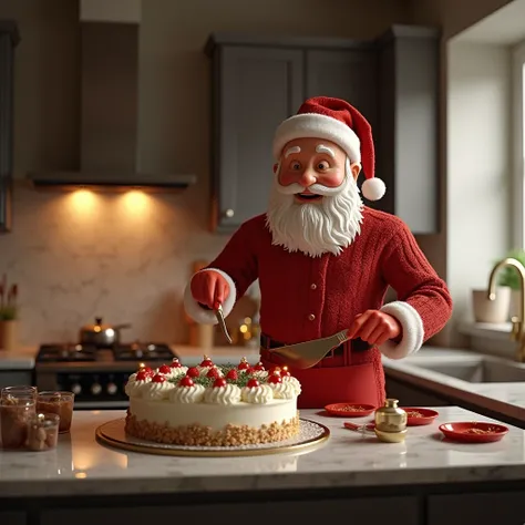 Generate an image of a Christmas father,wishes merry Christmas standing on a luxurious modular kitchen, making delicious cake on behalf of my construction company. Shot on 35mm imax camera, unreal engine rendering. Include my company name ‘ANTARYA KITCHENS...