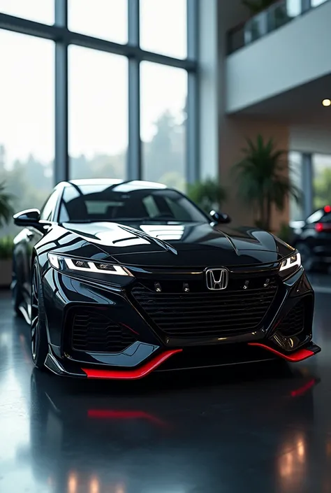 
"Create a hyper-realistic image of a futuristic Honda Accord sports car viewed from the front. The car has a sharp, aggressive back grille with intricate details, slim LED headlights, and aerodynamic contours on the hood. The car body is glossy black with...