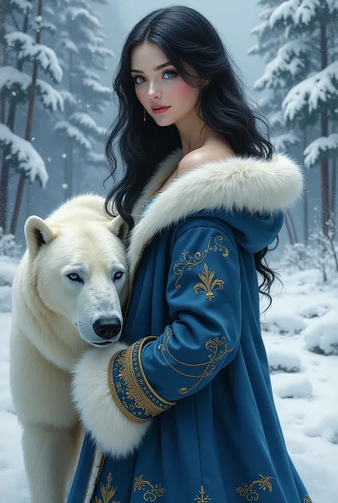  Animated oil painting of an imposing and at the same time delicate figure stands out among the winter whiteness .  She is a woman of captivating beauty ,  with well-defined European features .  His long jet-black hair falls like a velvet cloak ,  contrast...