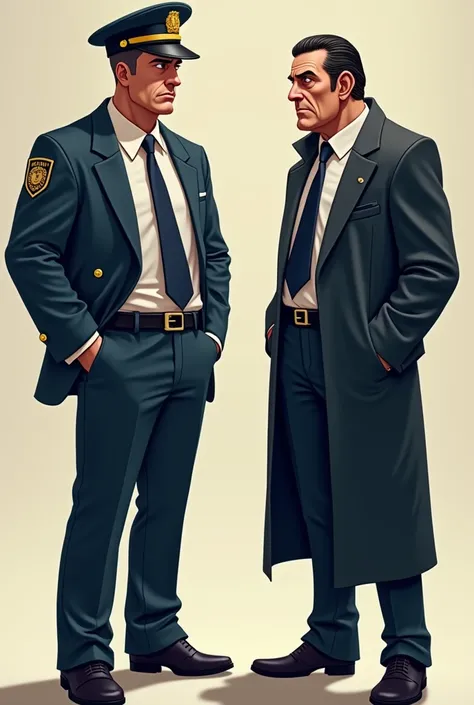 Police Commissioner and cartoon-style mafiosi , standing next to each other and looking at the viewer in full face against a uniform background without unnecessary elements