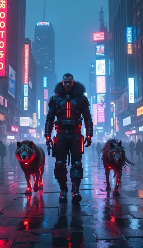 " A cyberpunk Beast Master stands in the middle of a bustling futuristic city ,  full of skyscrapers ,  neon lights up in blue , purple, Dan the red,  as well as wet streets reflecting neon light .  Beast Master this is a man / woman with a body clad in ad...