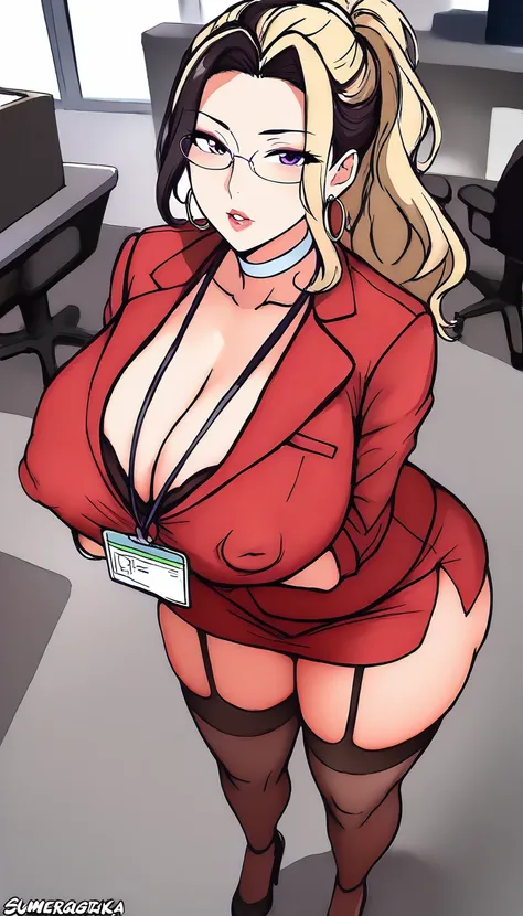  masterpiece,best quality,amazing quality,huge Breasts , Wide hips,1girl,Alone,mature female, black shirt,office lady, thighhighs,garter straps,  parted lips, blonde hair,hair buns,, hoop earrings,cleavage, collared shirt, indoors,office,lanyard,white chok...