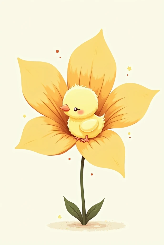  A cute little chick is sitting on a big flower、Simple spring-like line drawing 、 cute illustrations