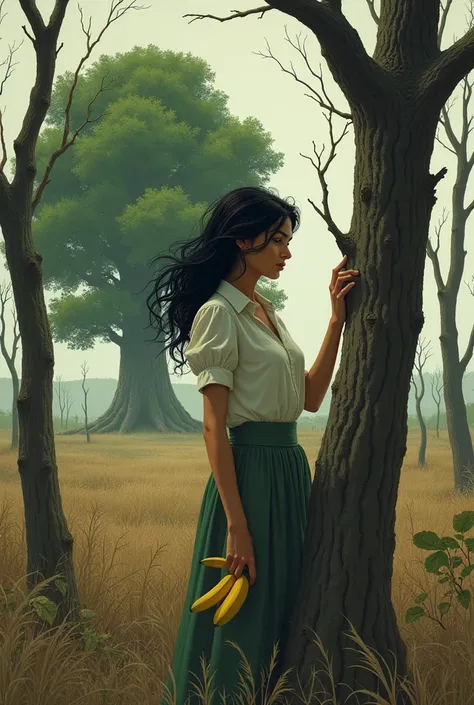 A woman carrying a banana touching the withered trees , In the distance there was a huge green old tree