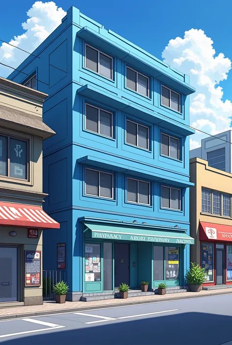 The busy horizontal street has a four-storey blue house, on the left is a pharmacy store, on the right is a functional food store.