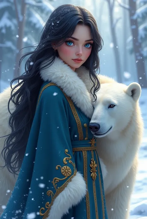 Animated style painting of an imposing and at the same time delicate figure stands out among the winter whiteness.  She is a woman of captivating beauty ,  with well-defined European features .  His long jet-black hair falls like a velvet cloak ,  contrast...