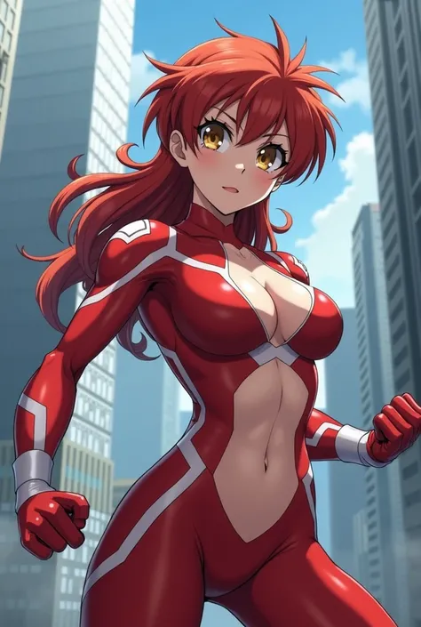  My Hero Academia Style ,   anime girl , woman, young woman ,  full body shot ,( Fighting Stance :1.3),Long Hair, Red Hair,   Brown Eyes , hero suit, Full Body Suit,  red suit with white details, perfect anatomy,  enhanced abs , super detailed,(building:1....