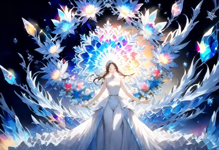 (((Beautiful HD artwork with a focus on ice crystals))),(((Soul Love ))),(( top quality,masterpiece:1.5)),(( dark background )),((Hexagon)),(( Overall Bluish )),((4K)),( large colorful photons :1.5),( Pearl White),( perfect anatomy),( Ultra High Quality ),...