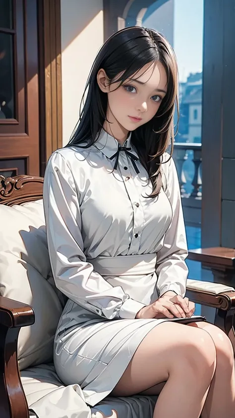 A gentle and intelligent young girl, long straight black hair, a soft and intellectual expression, wearing elegant dresses or academy-style attire, a kind and understanding demeanor, slender and delicate figure, slightly melancholic eyes, background of a c...