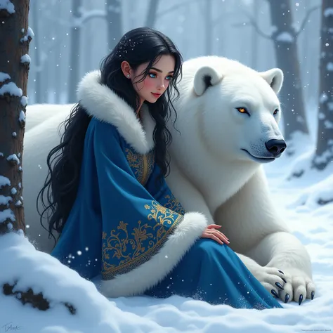 Animated style painting of an imposing and at the same time delicate figure stands out among the winter whiteness.  She is a woman of captivating beauty ,  with well-defined European features .  His long jet-black hair falls like a velvet cloak ,  contrast...