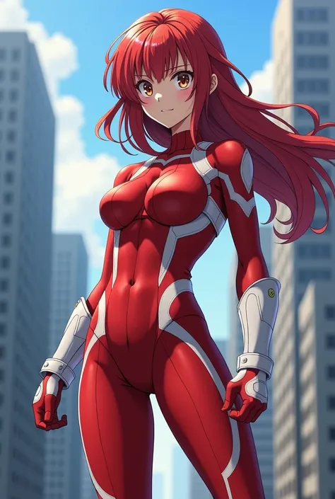  My Hero Academia Style ,   anime girl , woman, young woman ,  full body shot ,( Fighting Stance :1.3),Long Hair, Red Hair,   Brown Eyes , hero suit, Full Body Suit,  red suit with white details, perfect anatomy,  enhanced abs , super detailed,(building:1....