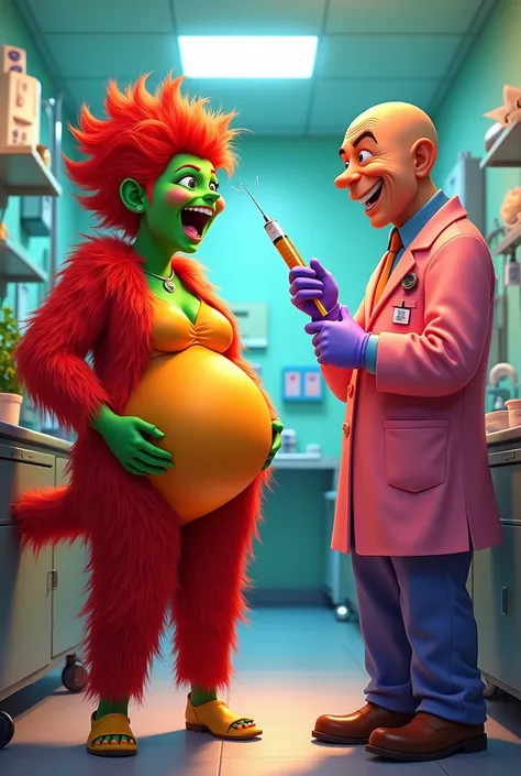 "Create a surreal and humorous image of a green-skinned woman with bright red hair sitting on a hospital bed, dressed in a fantasy-inspired furry costume with orange and red tones. She appears exaggeratedly pregnant, laughing or screaming with excitement. ...