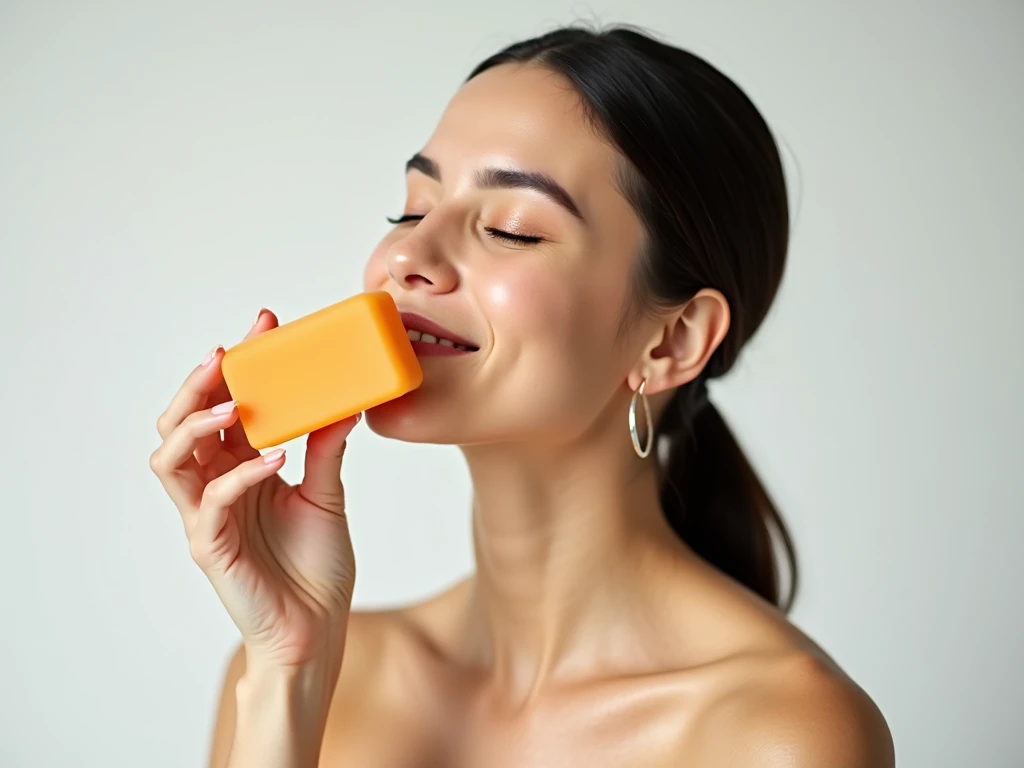 A woman with fair skin and dark hair tied back neatly holds a bar of orange-colored soap near her nose while closing her eyes. The facial pose shows calmness and enjoyment as if smelling the scent of soap. The background is light and minimalistic, giving a...