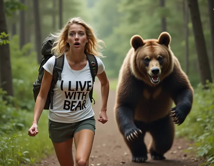 Woman, blonde, big breasts, hiking dress, white tshirt, shorts, backpack, being chased by a bear, she is afraid, running, forest, text on her tshirt reading "I LIVE WITH BEAR"