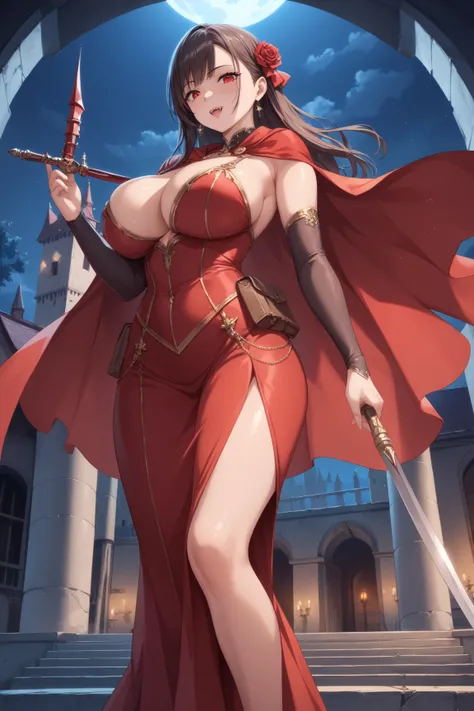 ((((masterpiece)))), ((((Best Quality)))), anime coloring ,High resolution,dark,night,Abandoned castle,whole body,fine grain,Detailed face,vampire,red,Red Cape,Red dress,Red long skirt,Curvy,action、so beautiful、Beautiful Skin、Beautiful and detailed eyes、bi...