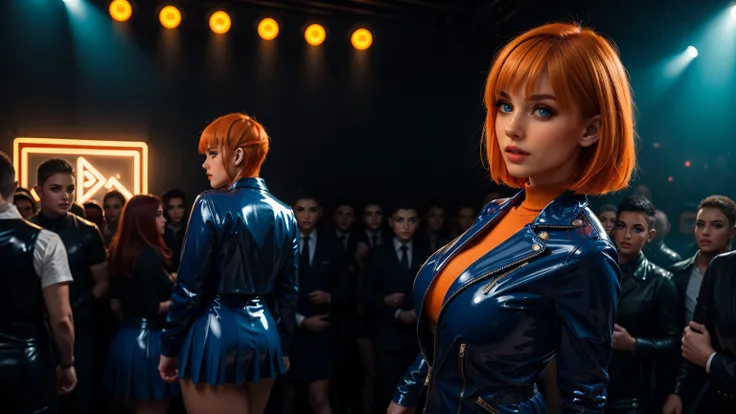 masterprice,womenshort hair, orange hair, medium breast, blue latex school uniform, 1girl, solo, blue latex jacket, bangs, blue gakuran,lblue atex long sleeves, stand in a Nightclub 