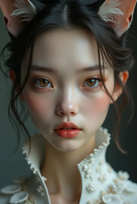 Prompt:
A close-up portrait of a hybrid human with feline features. The face is positioned directly forward, capturing a detailed view of her unique traits. Her nose is distinctly shaped with strong feline characteristics, blending seamlessly with her huma...