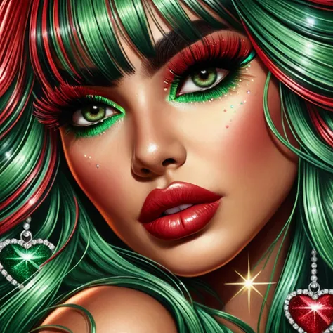 96k oled Ultradetailed trompe l’oeil glossy ultrarealistic fantasy airbrush illustration;face closeup;plussize gorgeous Chicana;tan skin, oval face,long full metallic neon-green&red chaotic flyaways hair&bangs,large Seductive darkgreen flirtacious Eyes,lon...